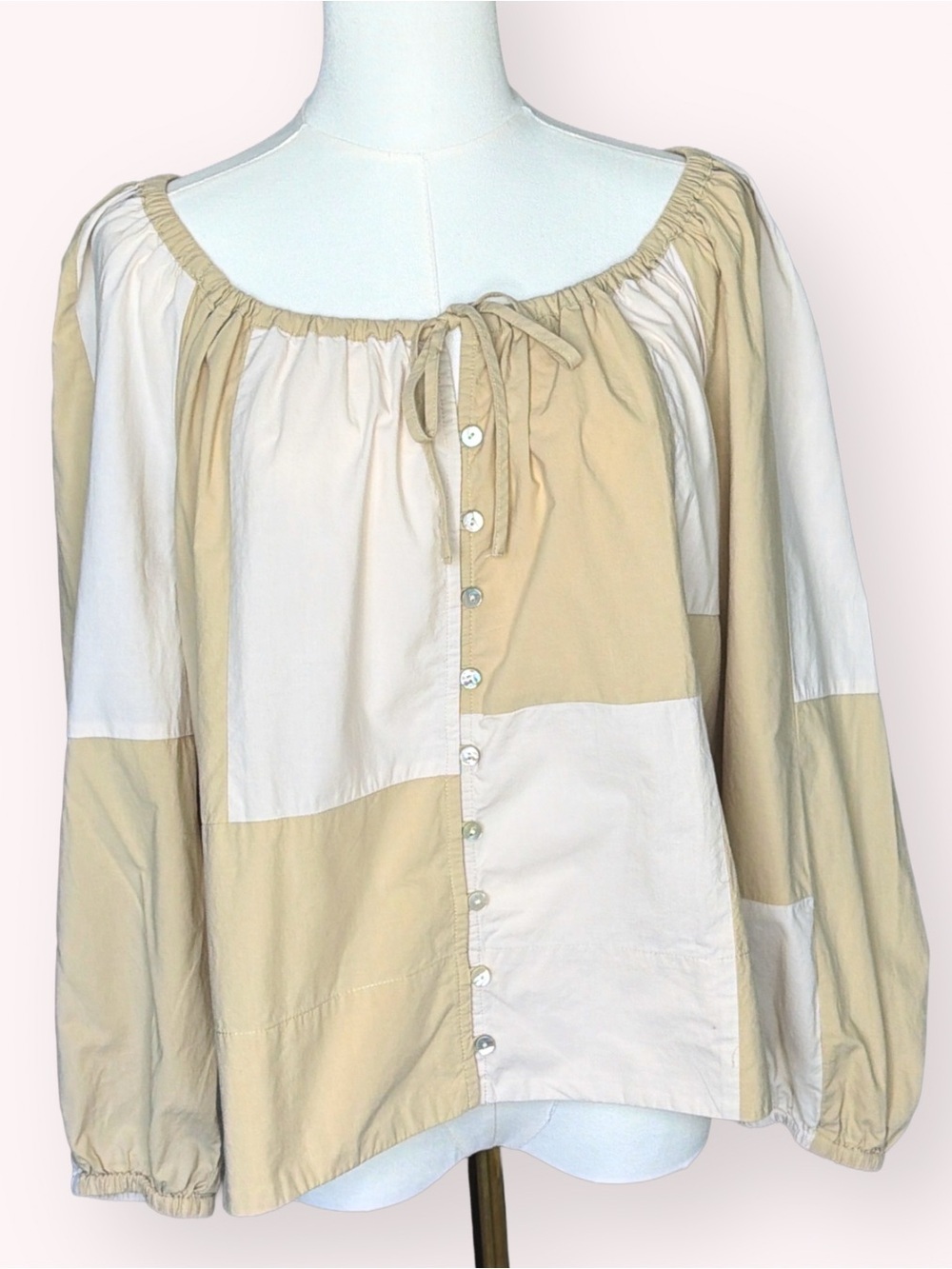 Madewell Patchwork Tie Front Poplin Peasant Top Neutrals Size Large